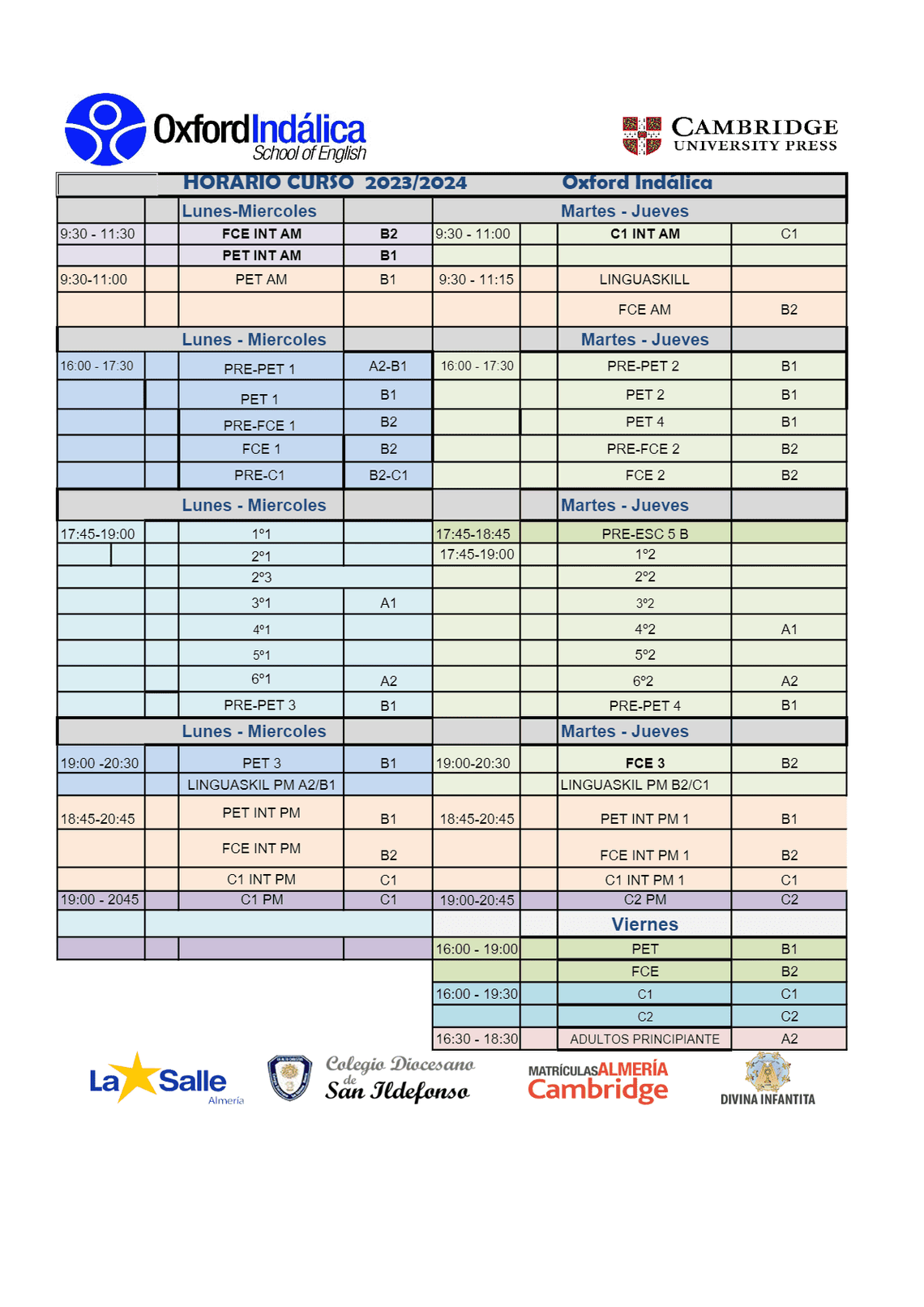 horario clases inglés